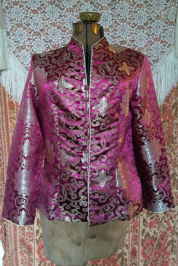 Vtg Asian Raspberry & Gold Embroidered Silk Jacket