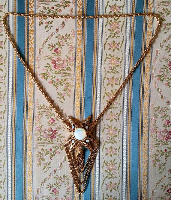 Vtg 1960s Moonstone Gold Star Statement Necklace