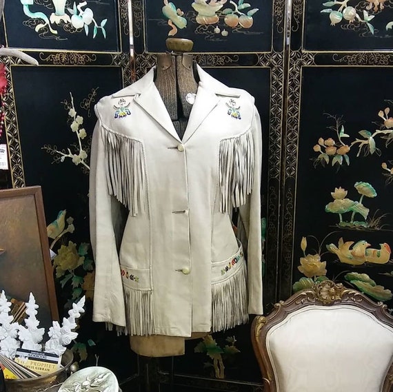 Vtg 1960s/70s White Fringe Seed Bead Leather Jacke
