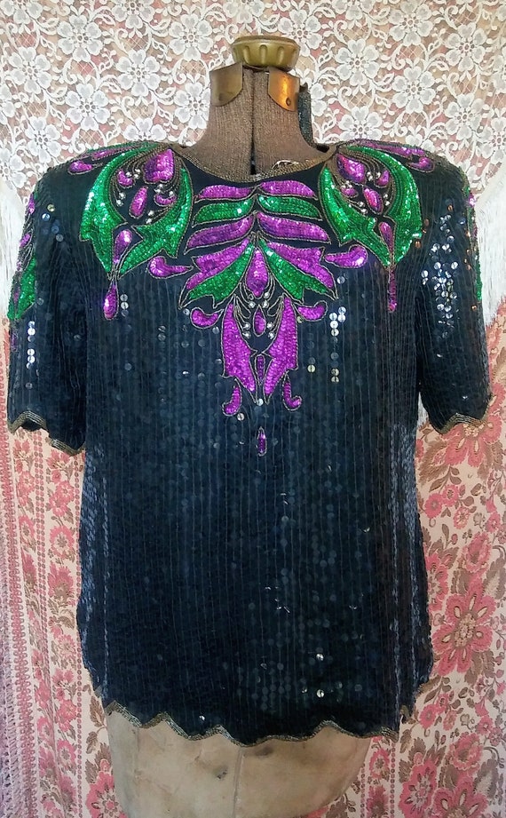 Vtg 1980s Purple, Green, Black Trophy Top, by Roya