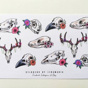 Animal Skull Sticker Sheet, deer horse cat fox raven