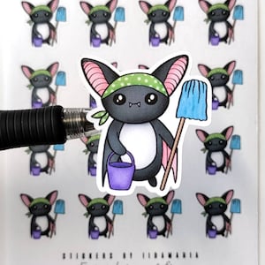 Luna the Bat Mopping -stickers, mop cleaning bucket