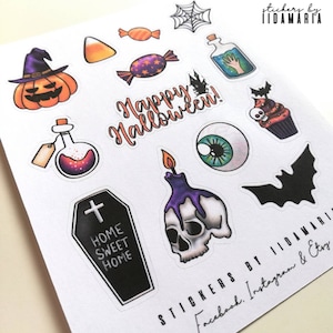 Halloween Stickers small sheet, pumpkin ghost skull eye candy corn spider web witch bat potion stickers