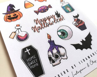 Halloween Stickers small sheet, pumpkin ghost skull eye candy corn spider web witch bat potion stickers