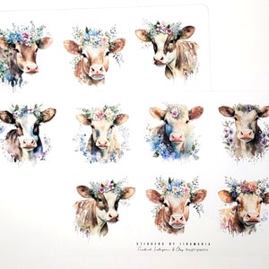 Watercolor Cow Stickers, cute flower painted farm animal
