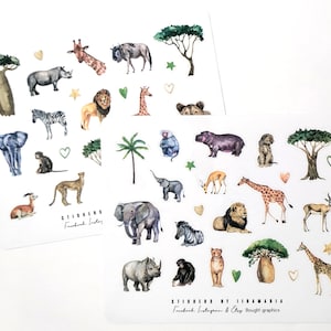 African Animal -stickers, lion zebra cheetah elephant giraffe buffalo rhino hippo monkey ostrich lemur