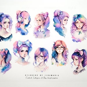 Pastel Girl Stickers, cute pretty girl curly hair glasses