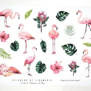 Flamingo -stickers, bird flower hibiscus leaf tropical summer exotic