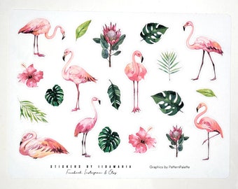 Flamingo -stickers, bird flower hibiscus leaf tropical summer exotic