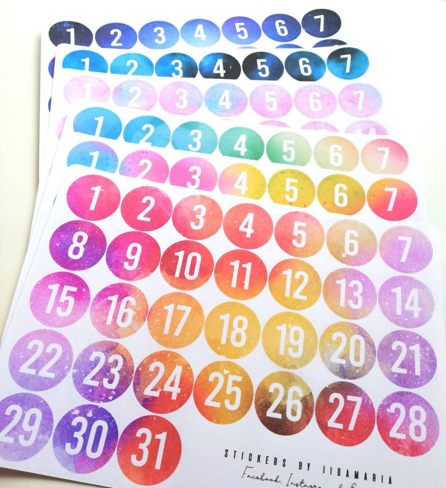 Big Colorful Watercolor Number Stickers 