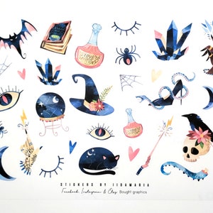 Watercolor Witchcraft Stickers, bat eye moon crystal fortune potion cat magic snake skull raven