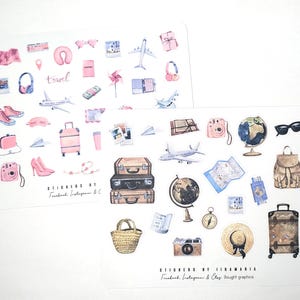Traveling stickers, map picture travel basket bag airplane camera sun glasses