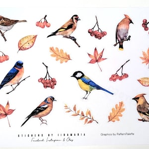 Autumn Bird Stickers, fall nature outdoors leaves rowanberry