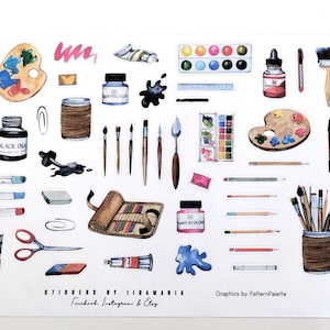 Craft Painting Drawing Stickers, pen pencil marker scissors jar paint watercolor brush ruler