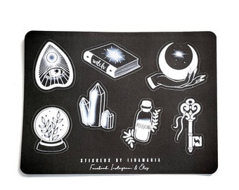 Black Witchcraft Magic -stickers, key hand plant ouija book moon crystal ball fortune telling stickers