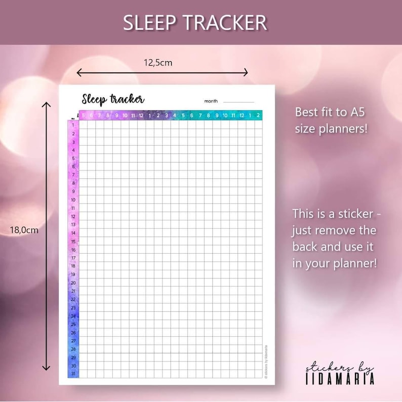 May include: A printable sleep tracker sticker for a planner. The sticker is 18.0 cm tall and 12.5 cm wide. It has a grid with numbers 1-31 on the left side and numbers 1-12 across the top. The sticker has a gradient of pink, purple, and blue colors.