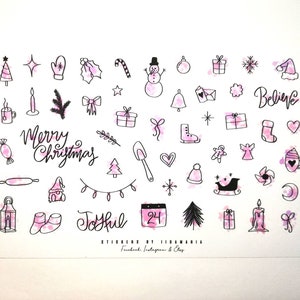 Watercolor Christmas Stickers, christmas tree bow lantern lights calendar star snow flake slay angel gift snowman ornaments mistle toe heart