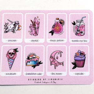 Cute Tarot Card Sticker Sheet, tarot mystic moon eye skull potion bottle star horse sun crystal cupcake plant stickers