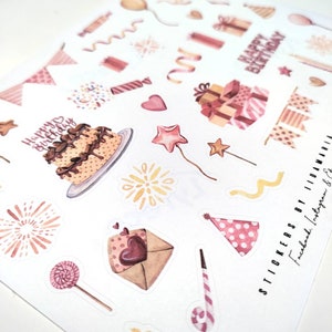 Happy Birthday -stickers, cake candle present gift balloon