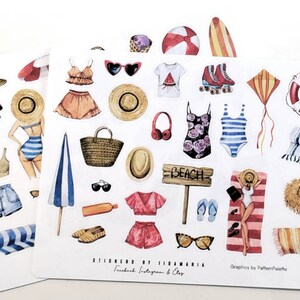 Beach Vacation Stickers, swimming clothes bikini swimsuit shoes sun glasses hat blanket