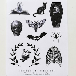 Mystic Gothic Stickers, magic witchcraft coffin cat bat ribs olive skull book spell spider stickers