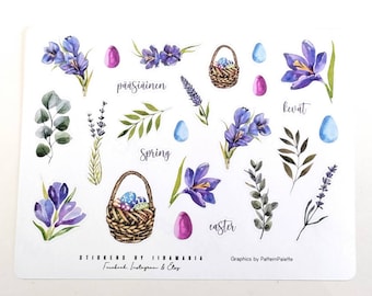 Purple Easter -stickers, flower crocus leaves egg basket