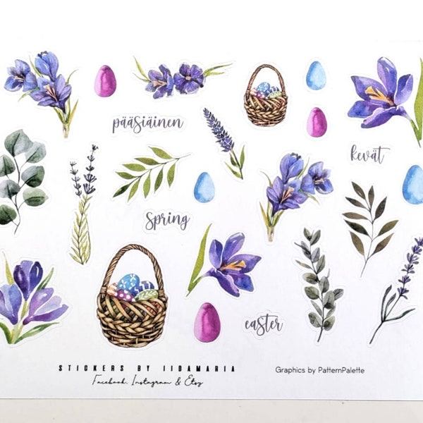 Purple Easter -stickers, flower crocus leaves egg basket