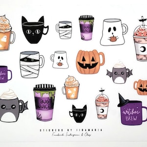 Halloween Mug Stickers, cute cat luna bat ghost witch mummy beetle pumpkin cup