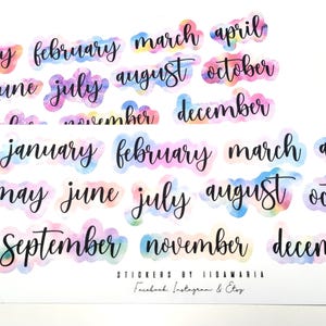 Month stickers with color background, watercolor months