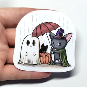 Luna the Bat Halloween Die Cut -sticker, ghost bat pumpkin rain umbrella cat