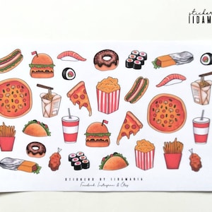 Fast food stickers, pikaruoka hamburger hot dog sushi taco cola popcorn drink food
