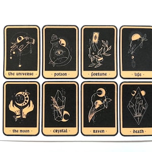Tarot Card Sticker Sheet, tarot mystic moon eye hand potion bottle star card sun crystal raven mushroom plant stickers