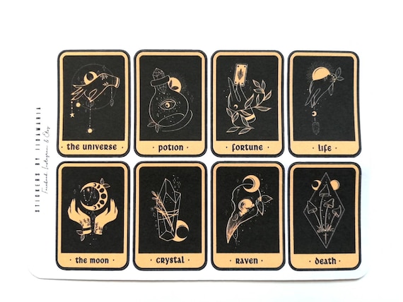 Tarot Card Sticker Sheet, tarot mystic moon eye hand potion bottle star  card sun crystal raven mushroom plant stickers