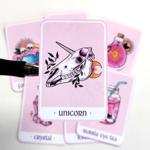 8pc set of Cute Tarot Card Die Cut Stickers, mystic celestial witchcraft, skull moon charm potion bottle unicorn plant poison cupcake