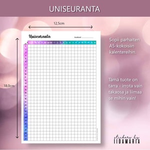 May include: A printable planner sticker sheet with a rainbow gradient background. The sticker sheet is labeled "Uniseuranta" and has a grid with numbers 1-31 and 1-14. The sticker sheet is 18.0 inches by 12.5 inches.
