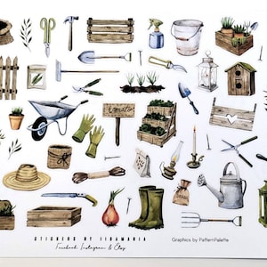 Gardening Stickers, garden yard tree fence box wood seed gloves lantern shovel