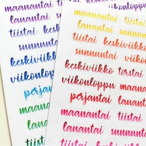 Liukuvärjätyt viikonpäivätarrat sateenkaaren väreissä, journal planner tarra värikäs sateenkaari