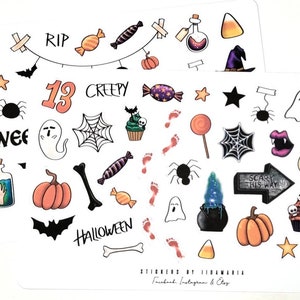 Halloween Stickers, pumpkin ghost skull eye candy corn spider web witch bat bone cross coffin potion bloody footprint star creepy stickers