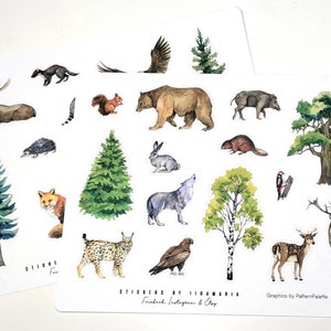 Forest Animal Stickers, bear wolf fox moose mouse rabbit lynx tree birch pine