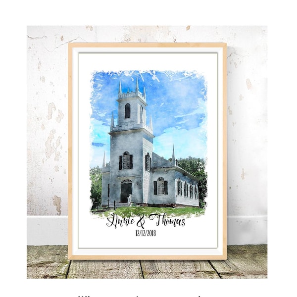 Wedding church portrait Personalized portrait Wedding anniversary gift Watercolor church Wedding venue Wedding anniversary art P3