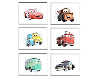 Disney Inspired CARS Set of 6 Prints Instant Download, Horizontal Poster Art, Pixar Kids Bedroom Decoration