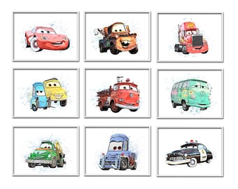 Cars Movie Print Set of 9, Horizontal Digital Art, Disney Pixar Nursery Decor, Lightning McQueen & Mater Wall Art, Instant Download