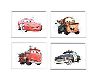 CARS Set of 4 Horizontal Digital Prints, Disney Pixar Wall Art, Lightning McQueen Nursery Decor, Instant Download