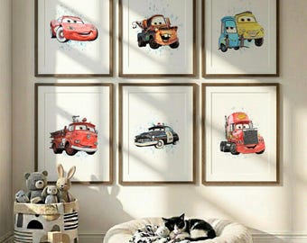 Cars Inspired Set of 6 Prints, Disney Pixar Watercolor Art, Lightning McQueen, Tow Mater, Wall Decor, Printable Digital Download