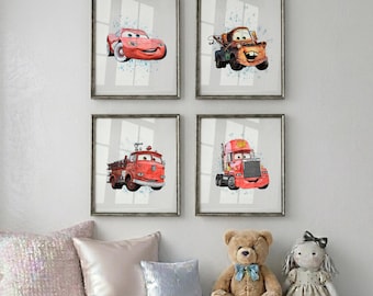 Lightning McQueen & Tow Mater Art Set of 4, Disney Cars Watercolor Prints, Pixar Movie Wall Decor, Printable Digital Download