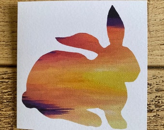 Sunrise Rabbit greetings card square bunny, purple, yellow greeting