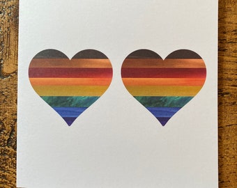 Two Rainbow Hearts Greetings Card Square LGBTQ+ love, anniversary, valentine greeting