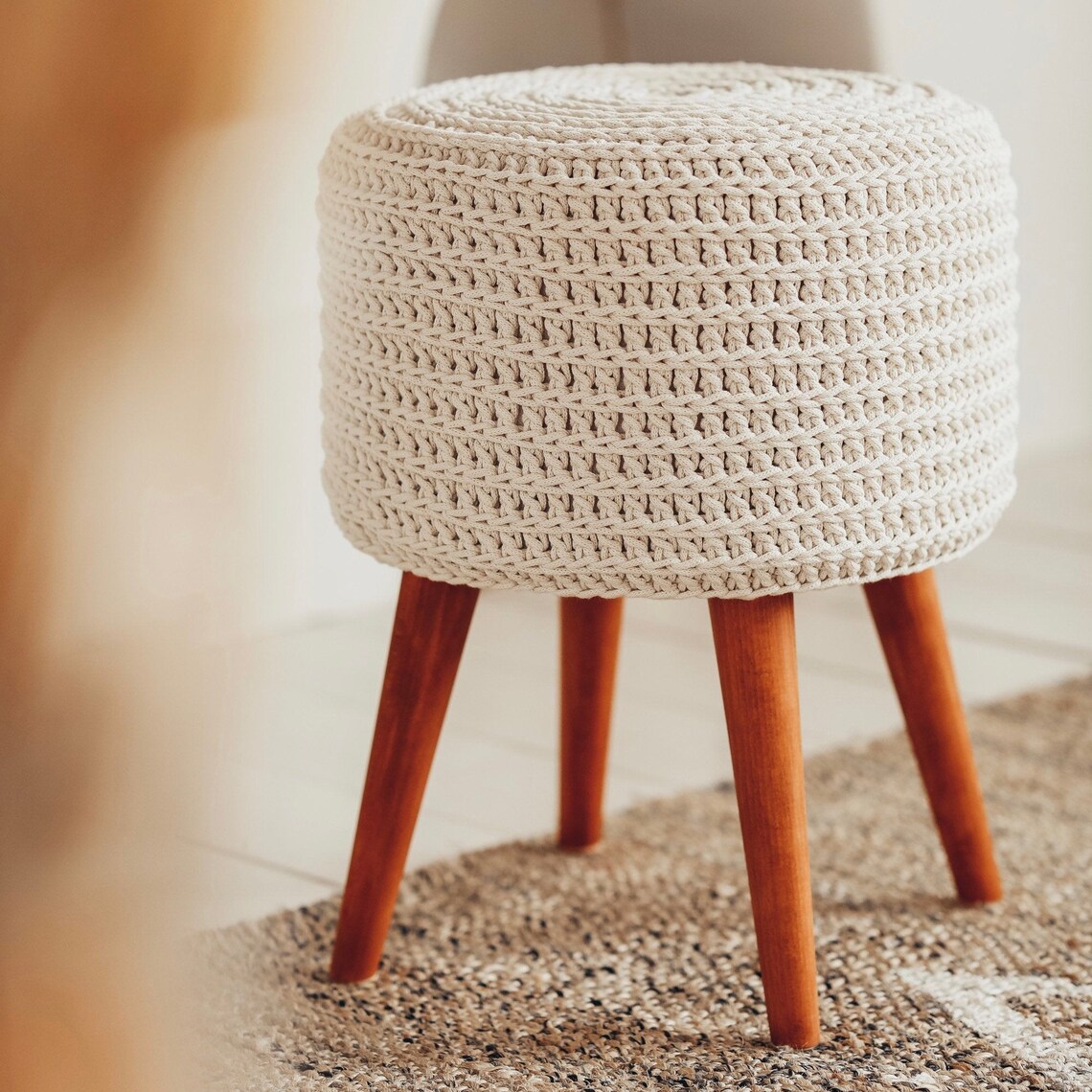 Crochet pouf with legs/Scandinavian knitted pouf for home Etsy