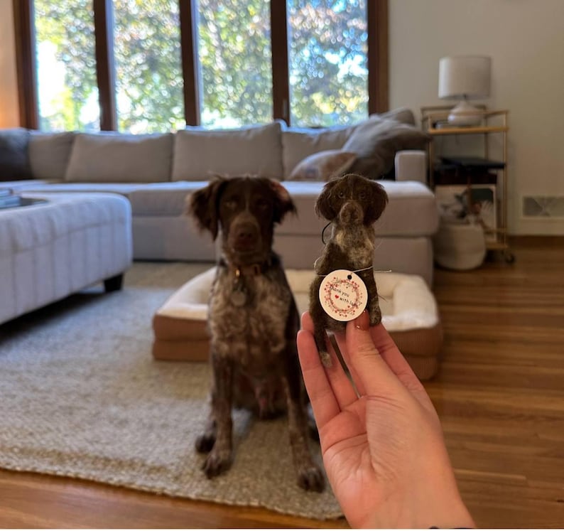 May include: A brown and white dog sits next to a miniature felt replica of itself. The miniature dog is held in a person's hand. The miniature dog has a tag that says "Thank you with love".