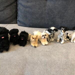 May include: A row of eight needle felted dog figurines. The figurines are all different breeds and colors, including black, white, brown, and gray. The figurines are arranged in a line on a gray couch.